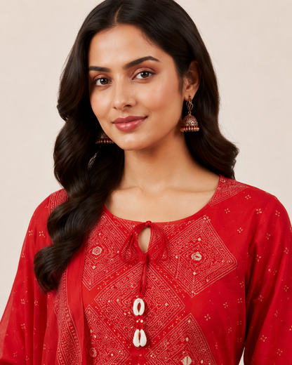 Red Bandhani Print Cotton Kurta Set with Dupatta – Women's Ethnic Wear