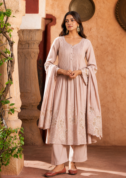 Dusty Pink Mul Chanderi 3PC Suit for Women | Laser Cut & Embroidered
