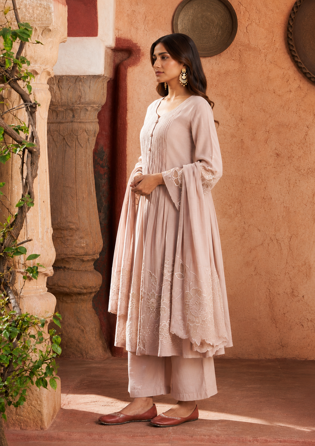 Dusty Pink Mul Chanderi 3PC Suit for Women | Laser Cut & Embroidered