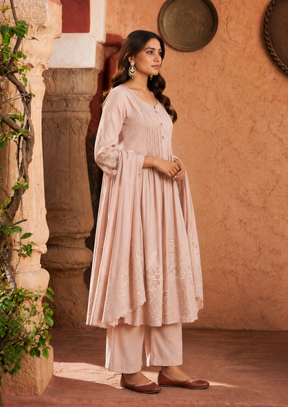 Dusty Pink Mul Chanderi 3PC Suit for Women | Laser Cut & Embroidered