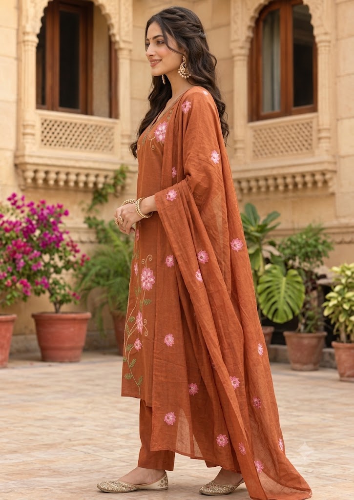 Rust Cotton Embroidered Kurta Set with Pants & Dupatta