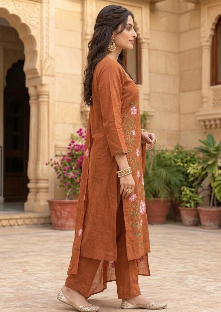 Rust Cotton Embroidered Kurta Set with Pants & Dupatta