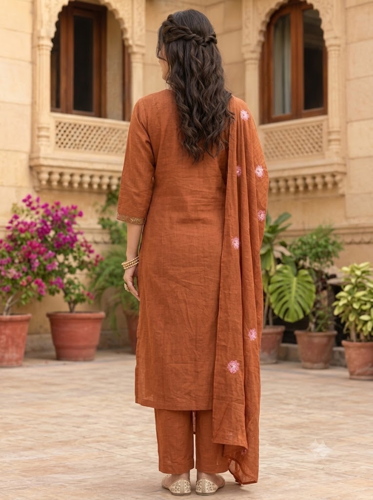 Rust Cotton Embroidered Kurta Set with Pants & Dupatta