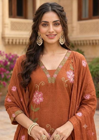 Rust Cotton Embroidered Kurta Set with Pants & Dupatta