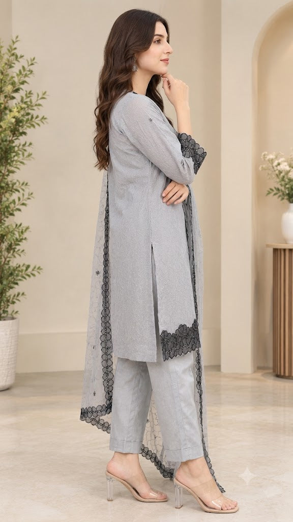 Grey Crush Tissue Suit with Contrast Black Embroidered Border – 3PC Set