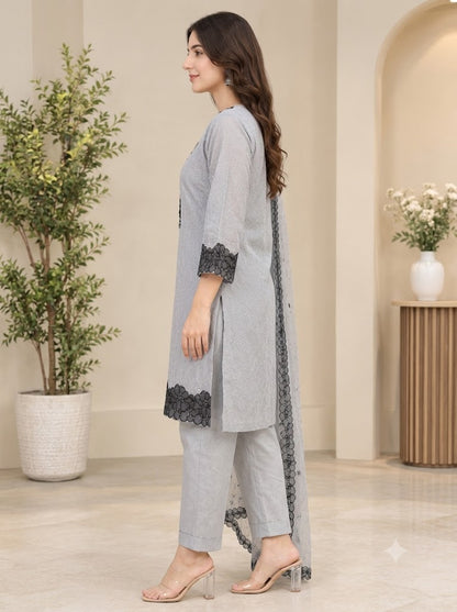 Grey Crush Tissue Suit with Contrast Black Embroidered Border – 3PC Set