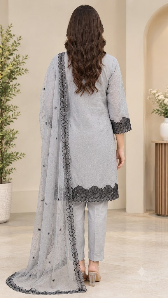 Grey Crush Tissue Suit with Contrast Black Embroidered Border – 3PC Set