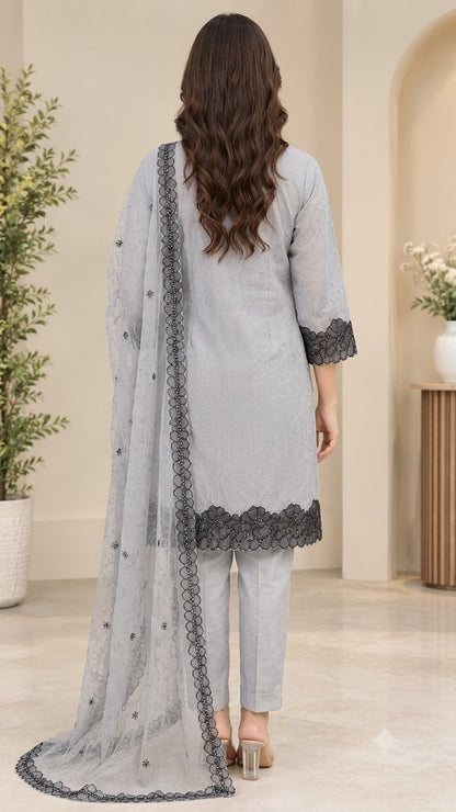 Grey Crush Tissue Suit with Contrast Black Embroidered Border – 3PC Set