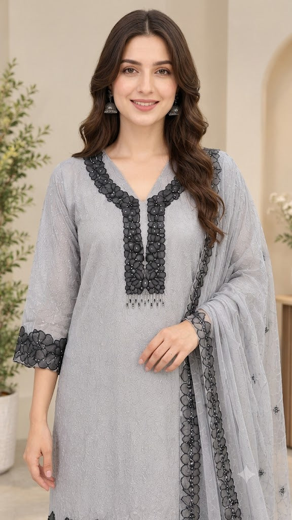 Grey Crush Tissue Suit with Contrast Black Embroidered Border – 3PC Set