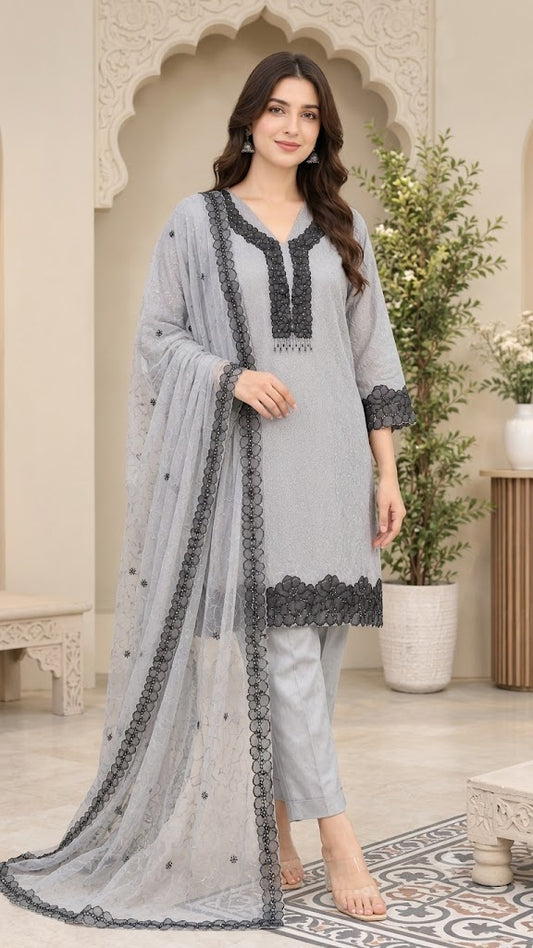 Grey Crush Tissue Suit with Contrast Black Embroidered Border – 3PC Set