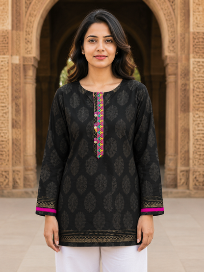"Black Relax Fit Cotton Tunic with Embroidered Placket