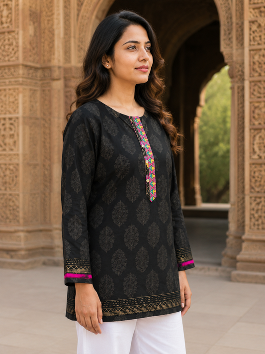 "Black Relax Fit Cotton Tunic with Embroidered Placket - Nakh Clothing