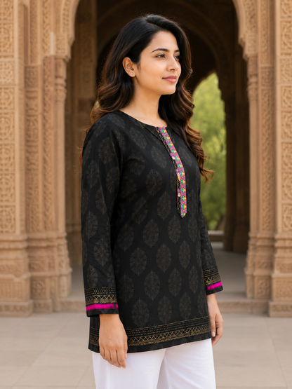"Black Relax Fit Cotton Tunic with Embroidered Placket