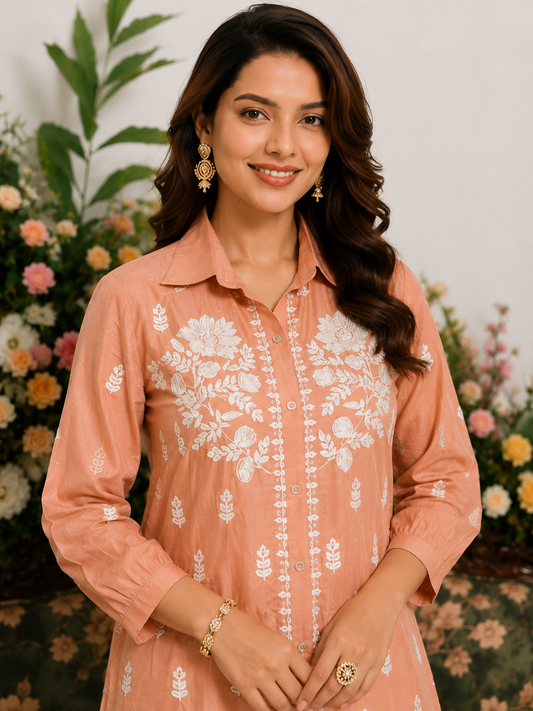Peach Chikankari Embroidered Shirt Tunic – Pure Muslin