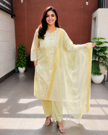 Kota Shimmer Suit Set with Heavy Embroidery | Light Pista