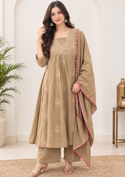 Beige Chanderi Embroidered A-Line Kurta Set with Contrast Pink Border Dupatta & Palazzo – 3Pc Suit