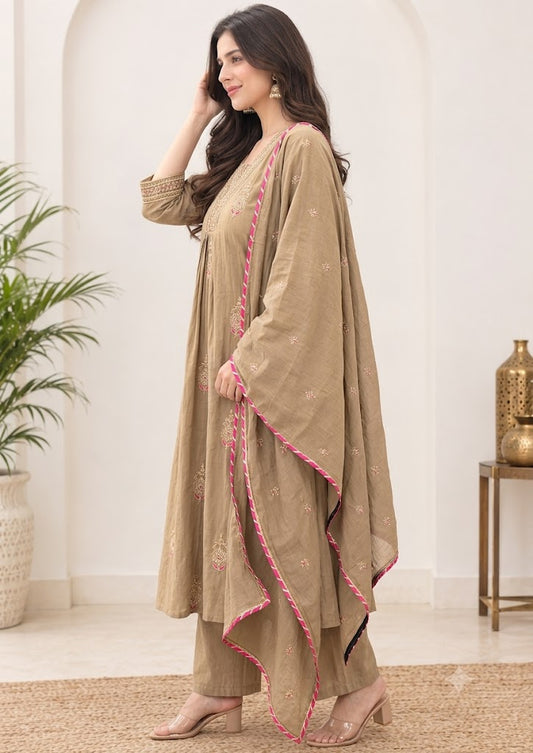 Beige Chanderi Embroidered A-Line Kurta Set with Contrast Pink Border Dupatta & Palazzo – 3Pc Suit