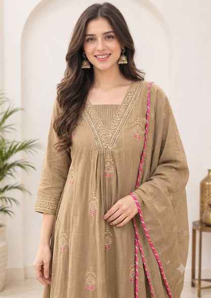 Beige Chanderi Embroidered A-Line Kurta Set with Contrast Pink Border Dupatta & Palazzo – 3Pc Suit