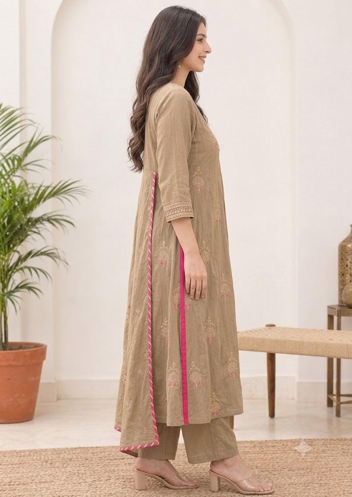 Beige Chanderi Embroidered A-Line Kurta Set with Contrast Pink Border Dupatta & Palazzo – 3Pc Suit