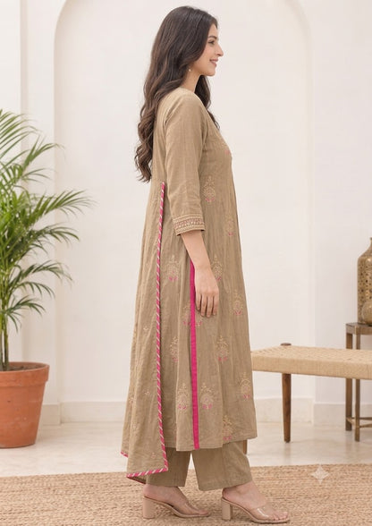 Beige Chanderi Embroidered A-Line Kurta Set with Contrast Pink Border Dupatta & Palazzo – 3Pc Suit