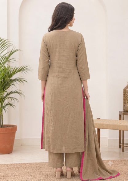 Beige Chanderi Embroidered A-Line Kurta Set with Contrast Pink Border Dupatta & Palazzo – 3Pc Suit
