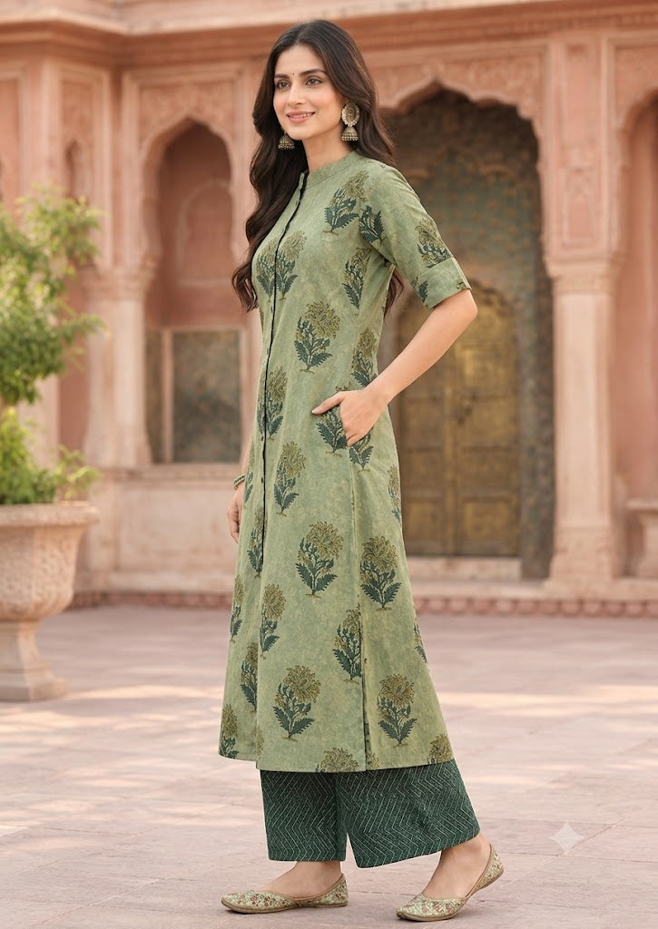 Green Floral Print Cotton A-Line Kurta with Culottes Palazzo – 2Pc Set