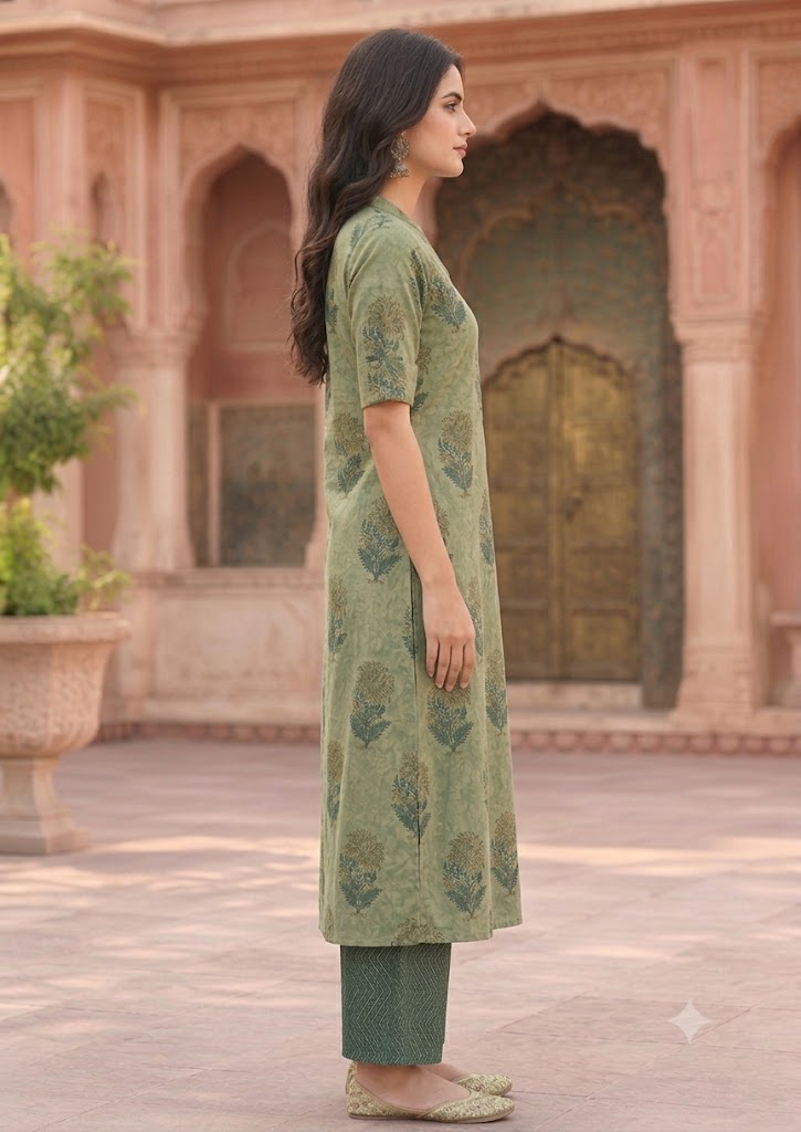 Green Floral Print Cotton A-Line Kurta with Culottes Palazzo – 2Pc Set