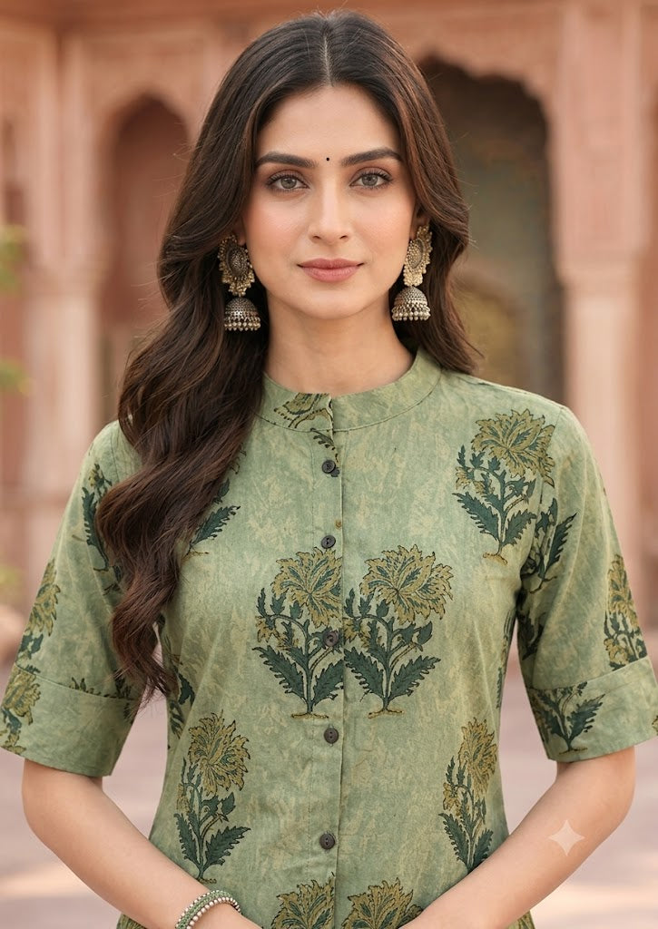 Green Floral Print Cotton A-Line Kurta with Culottes Palazzo – 2Pc Set