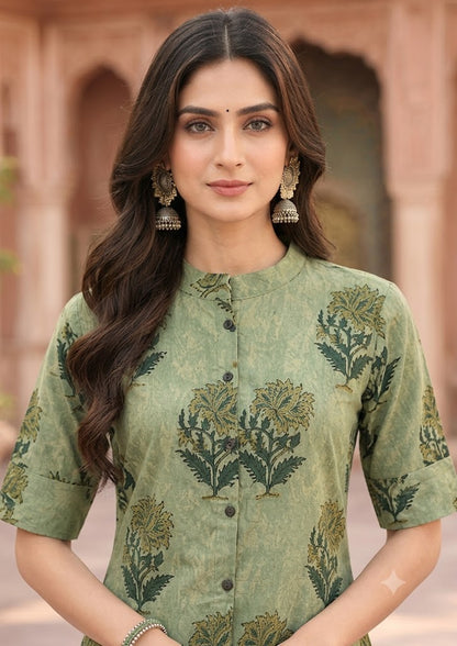 Green Floral Print Cotton A-Line Kurta with Culottes Palazzo – 2Pc Set