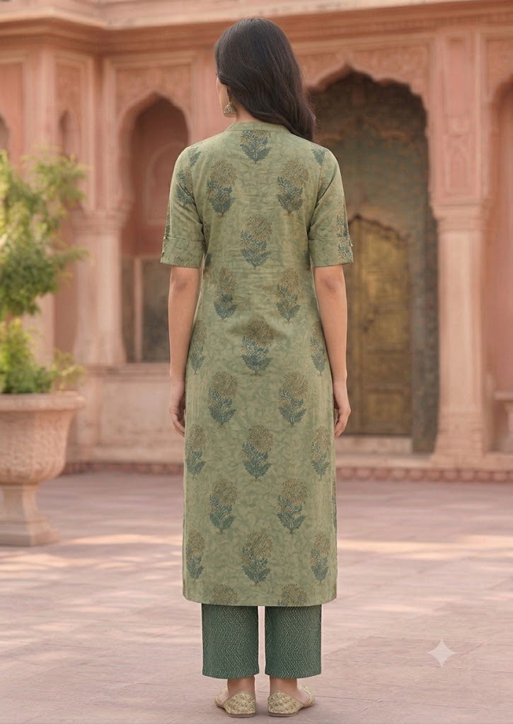 Green Floral Print Cotton A-Line Kurta with Culottes Palazzo – 2Pc Set