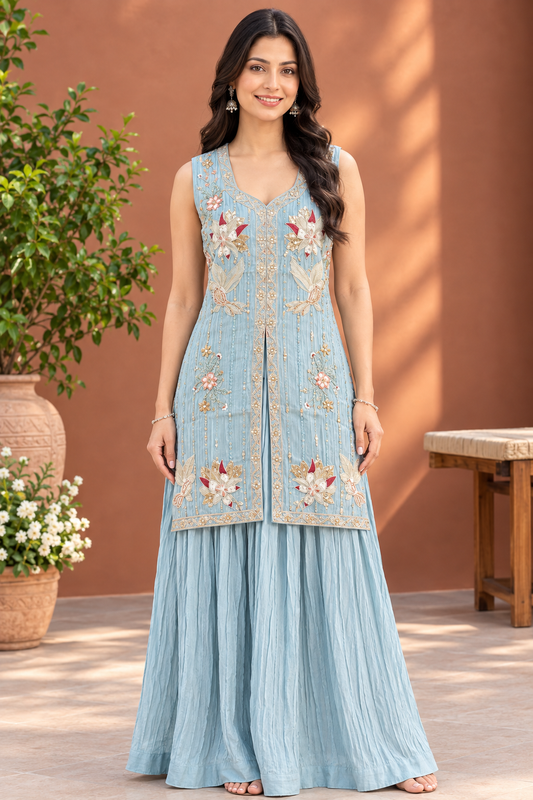 Powder Blue Embroidered Crepe Skirt & Jacket-Style Top Set