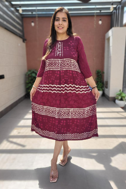 Rayon Crush Bobbin Lacing Block Print A-Line Midi Dress for Women - Ethnic Summer Wear
