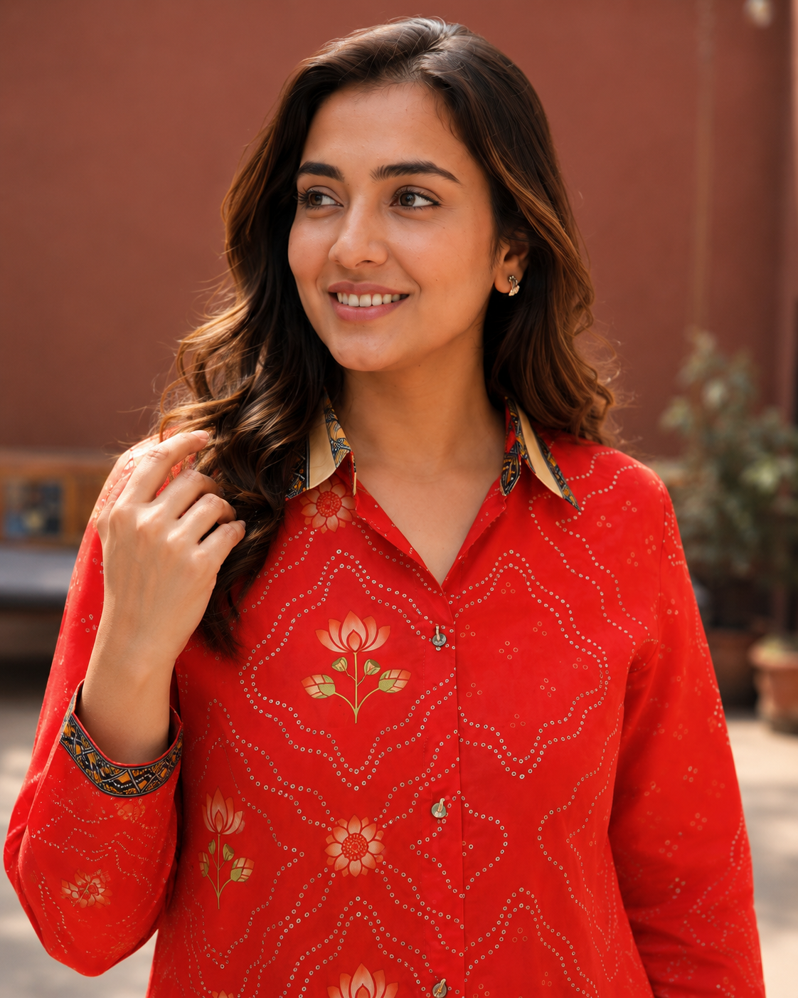 Rust Natural Crepe Tunic for Women | Bandhani Print with Tree Motif