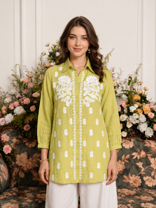 Mehandi Green Chikankari Embroidered Shirt Tunic – Pure Muslin