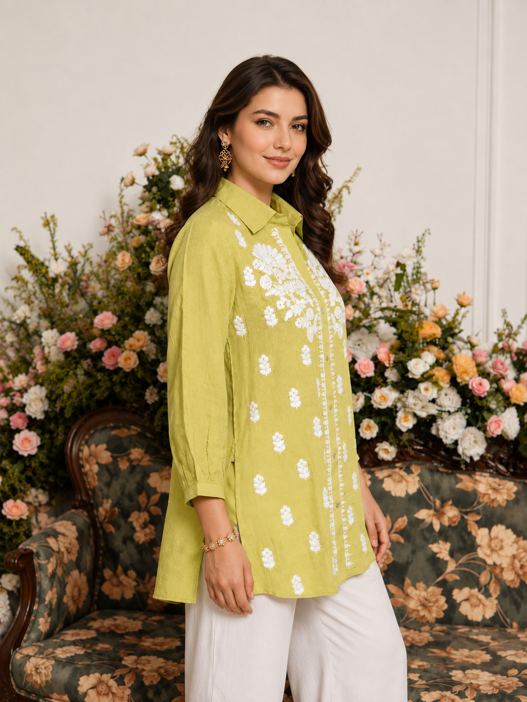 Mehandi Green Chikankari Embroidered Shirt Tunic – Pure Muslin