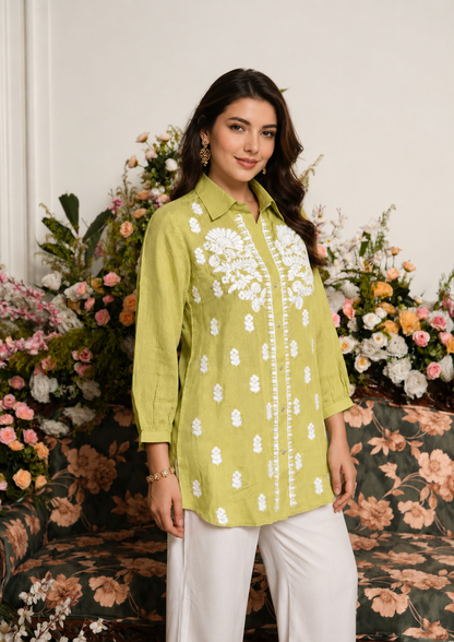 Mehandi Green Chikankari Embroidered Shirt Tunic – Pure Muslin