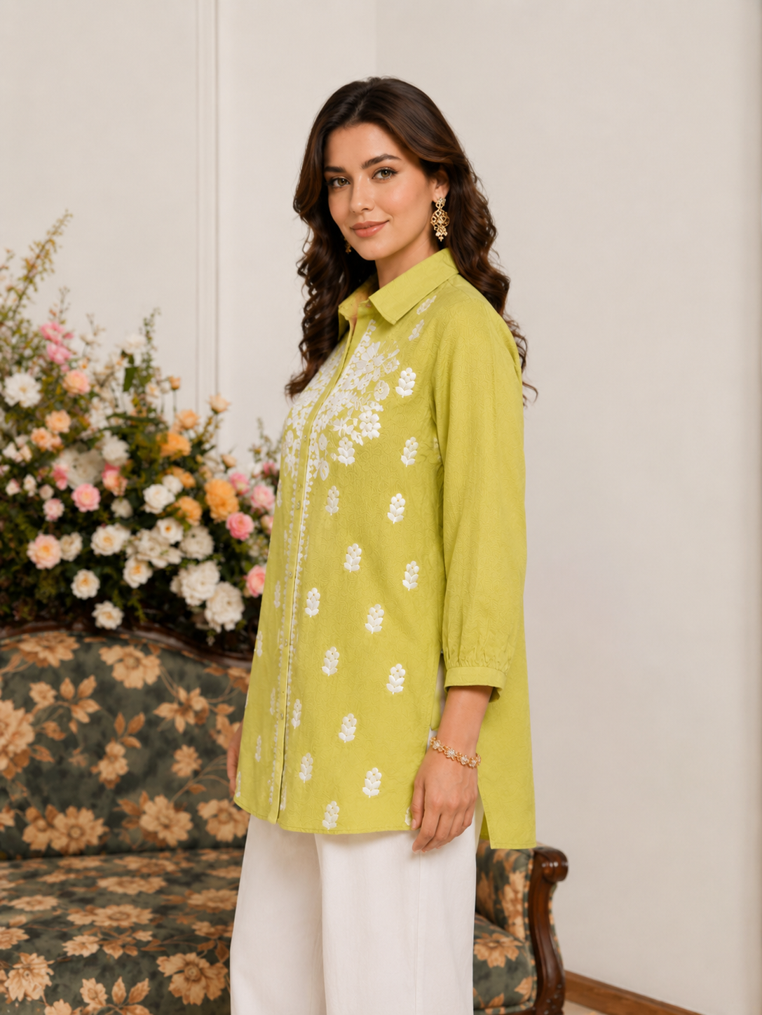 Mehandi Green Chikankari Embroidered Shirt Tunic – Pure Muslin
