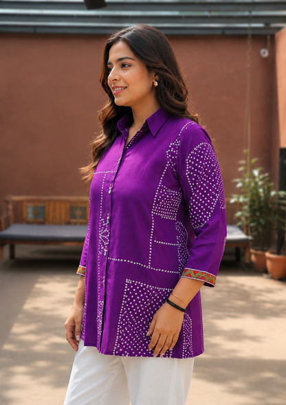 Purple Classic Silk Shirt Tunic for Women | Bandhani Print with Bird Motif