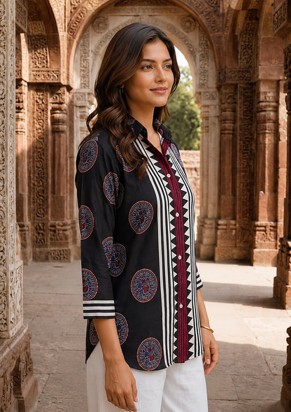Women's Black Crepe Tunic with Geometric Print & Medallion Design