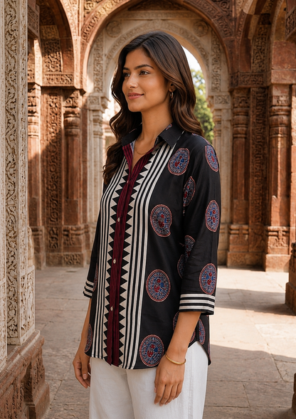 Women's Black Crepe Tunic with Geometric Print & Medallion Design