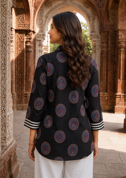 Women's Black Crepe Tunic with Geometric Print & Medallion Design