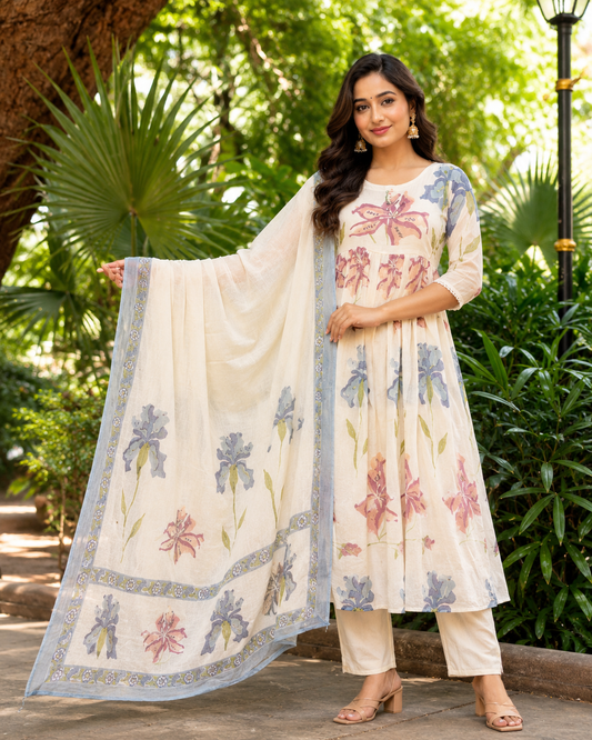 Cotton White Floral Anarkali Suit Set with Printed Dupatta | Elegant Women's Ethnic Wear