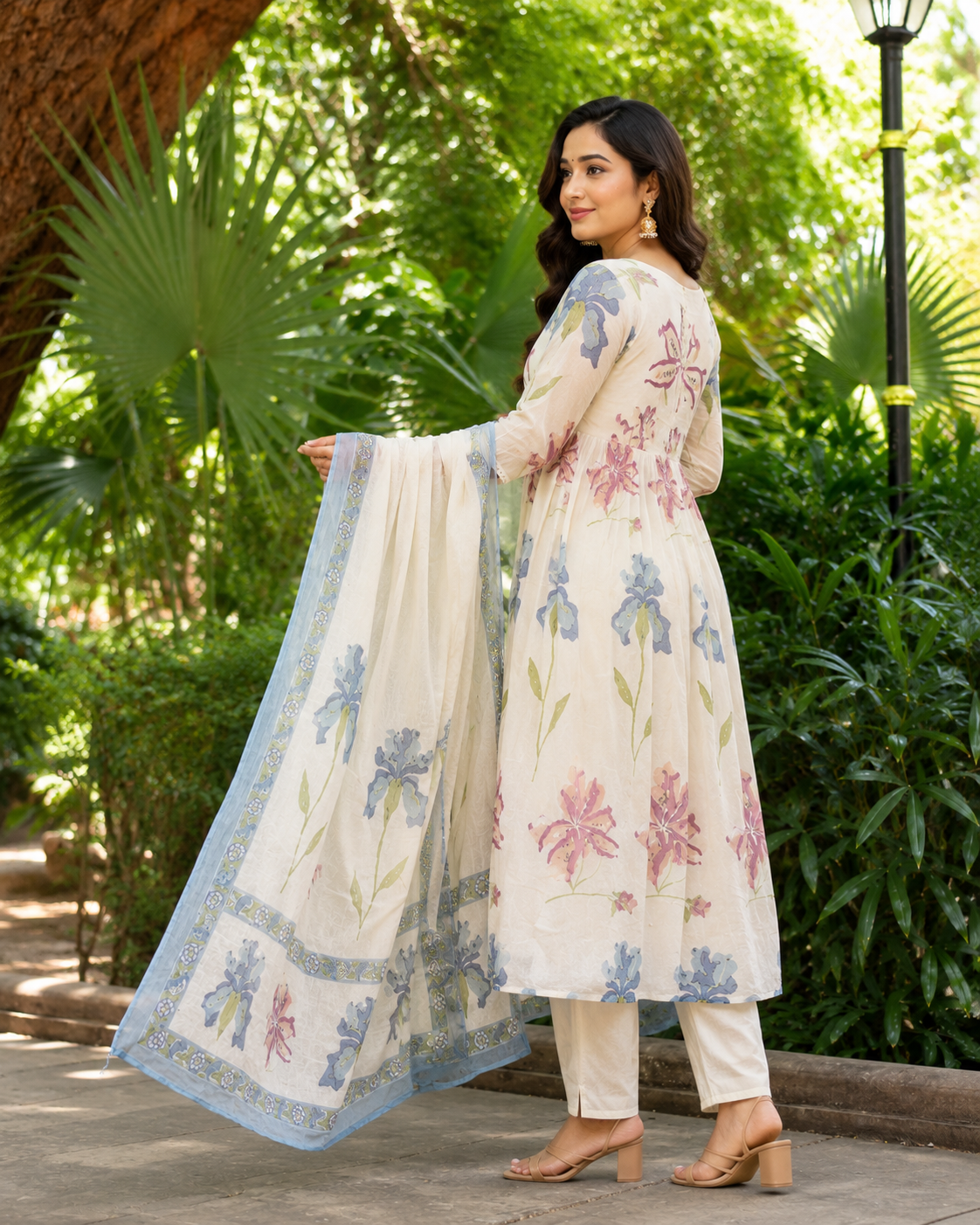 Cotton White Floral Anarkali Suit Set with Printed Dupatta | Elegant Women's Ethnic Wear