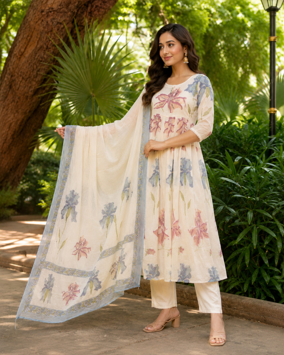 Cotton White Floral Anarkali Suit Set with Printed Dupatta | Elegant Women's Ethnic Wear