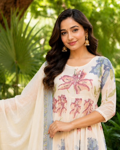 Cotton White Floral Anarkali Suit Set with Printed Dupatta | Elegant Women's Ethnic Wear