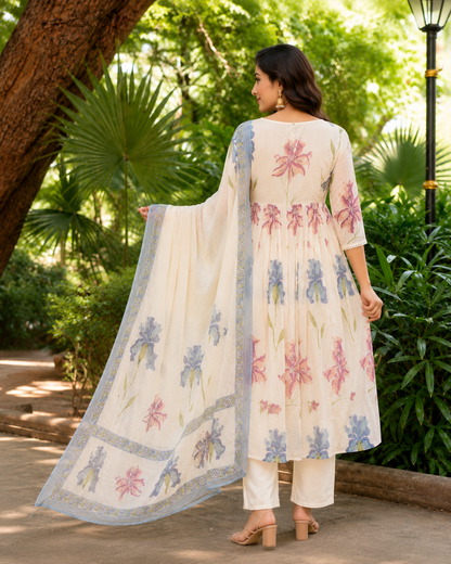 Cotton White Floral Anarkali Suit Set with Printed Dupatta | Elegant Women's Ethnic Wear