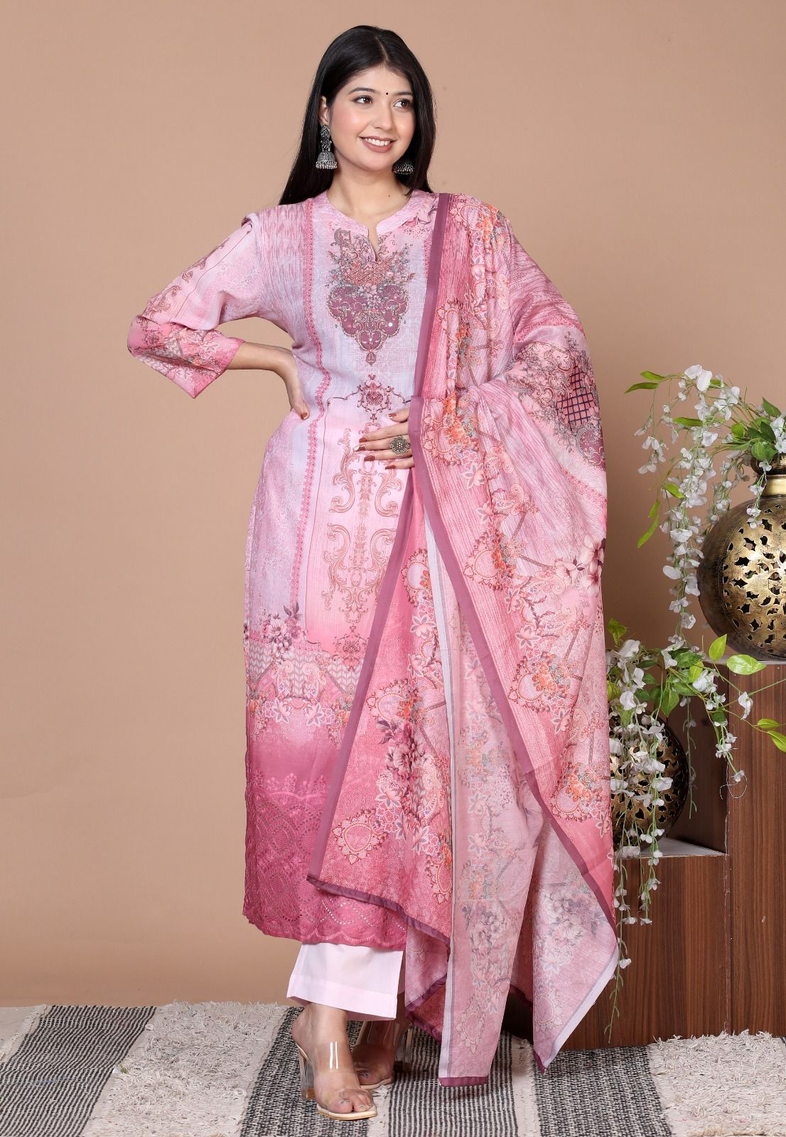 Elegant Cotton Schiffli Digital Print Hand-Embroidered Suit - Nakh Clothing