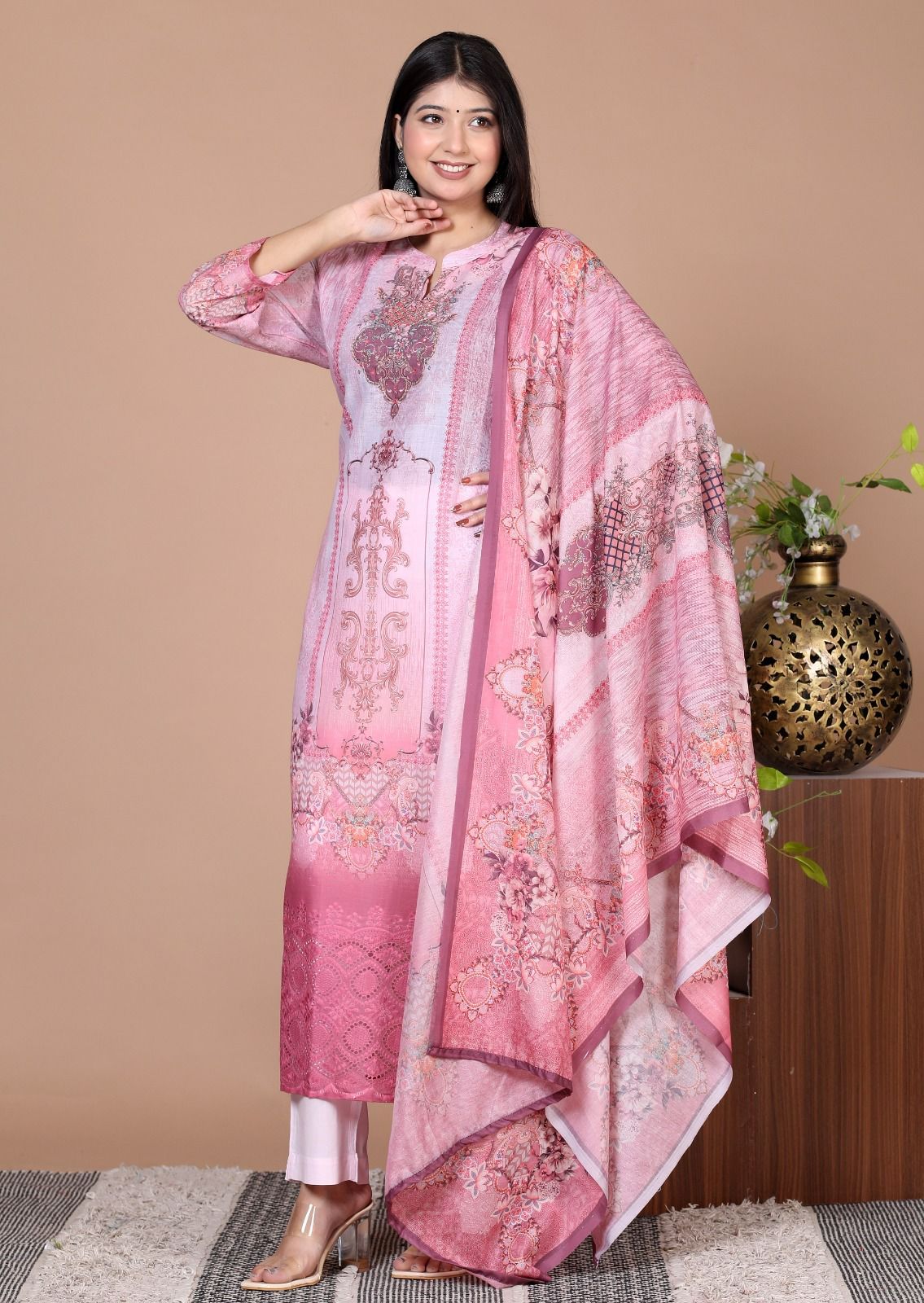 Elegant Cotton Schiffli Digital Print Hand-Embroidered Suit - Nakh Clothing