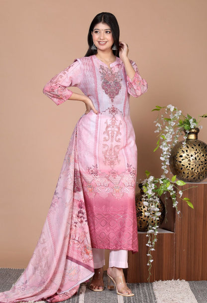 Elegant Cotton Schiffli Digital Print Hand-Embroidered Suit - Nakh Clothing