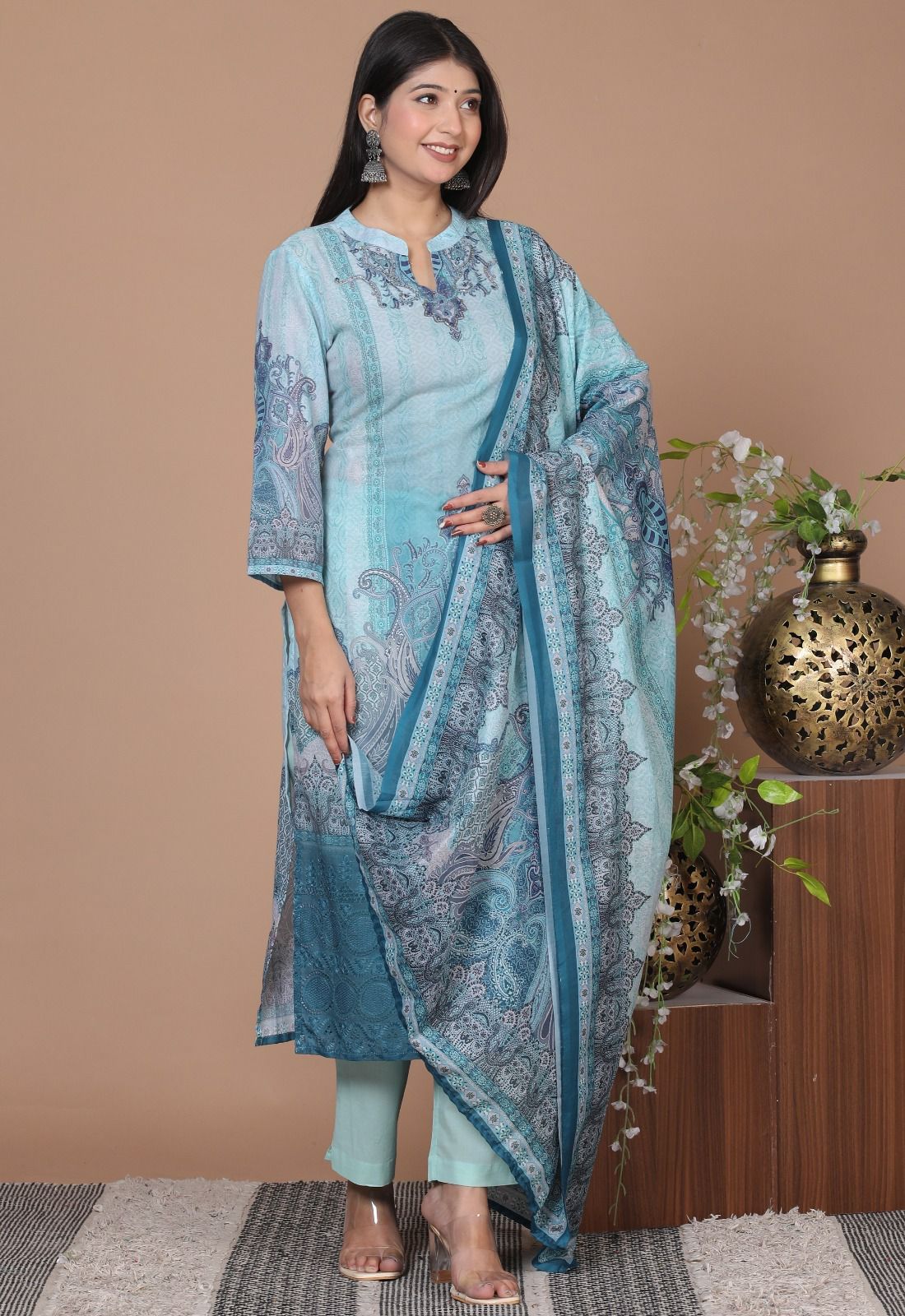 Elegant Cotton Schiffli Digital Print Hand-Embroidered Suit - Nakh Clothing